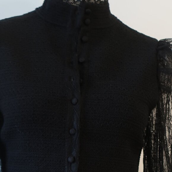 Womens Alice + Olivia Black Knit Button Down Blouse W/Lace Sheer Sleeves M - Picture 3 of 13
